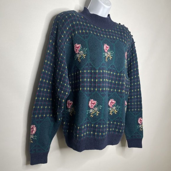 Vintage 80s Ninon de Lenclos Blue Green Check Sweater Floral Embroidered - Picture 3 of 8